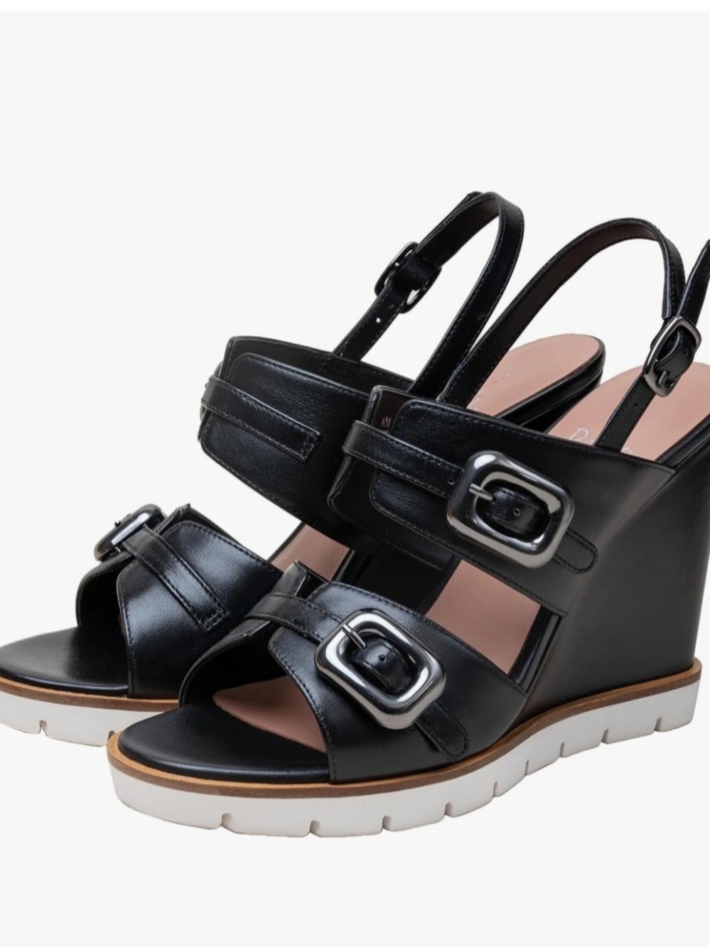 Paolo Black Leather Wedge Sandals with Silver Buckles